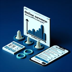 3D voxel art illustrating online surveys with emphasis on poorly executed condom usage surveys.