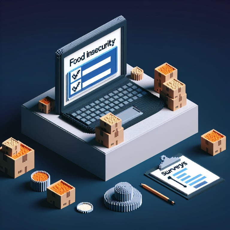 3D voxel art depicting online surveys on a dark blue background, representing food insecurity surveys.