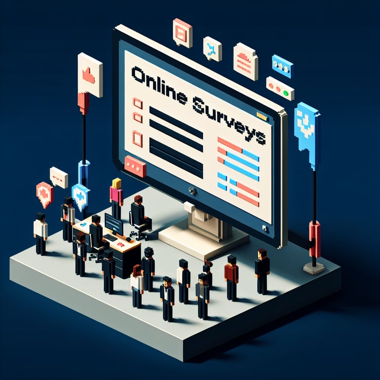 3D voxel art depicting online internship survey process on a dark blue background.