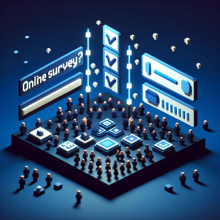 3D voxel art depicting the concept of online surveys with engaging elements on a dark blue background.