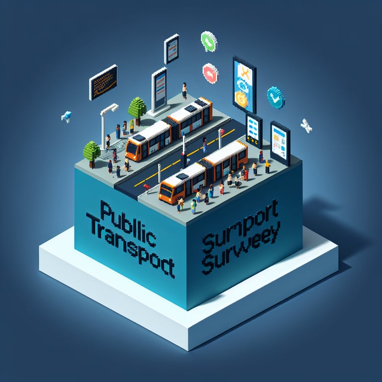 3D voxel art depicting online public transport surveys with a dark blue background.