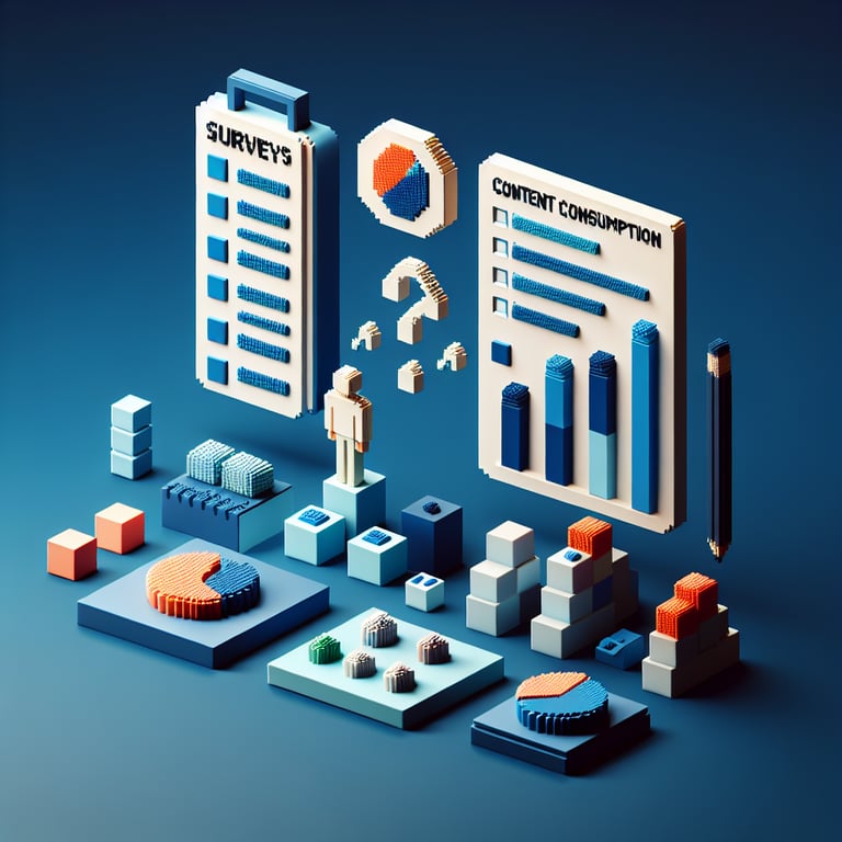 3D voxel art depicting online survey concept on a dark blue background for content consumption survey.