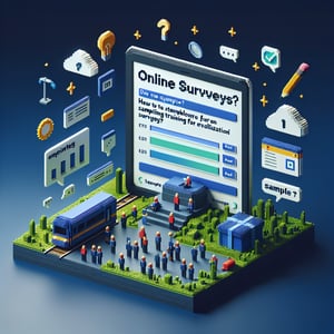 3D voxel art depicting an online survey concept on a dark blue background for training evaluation.