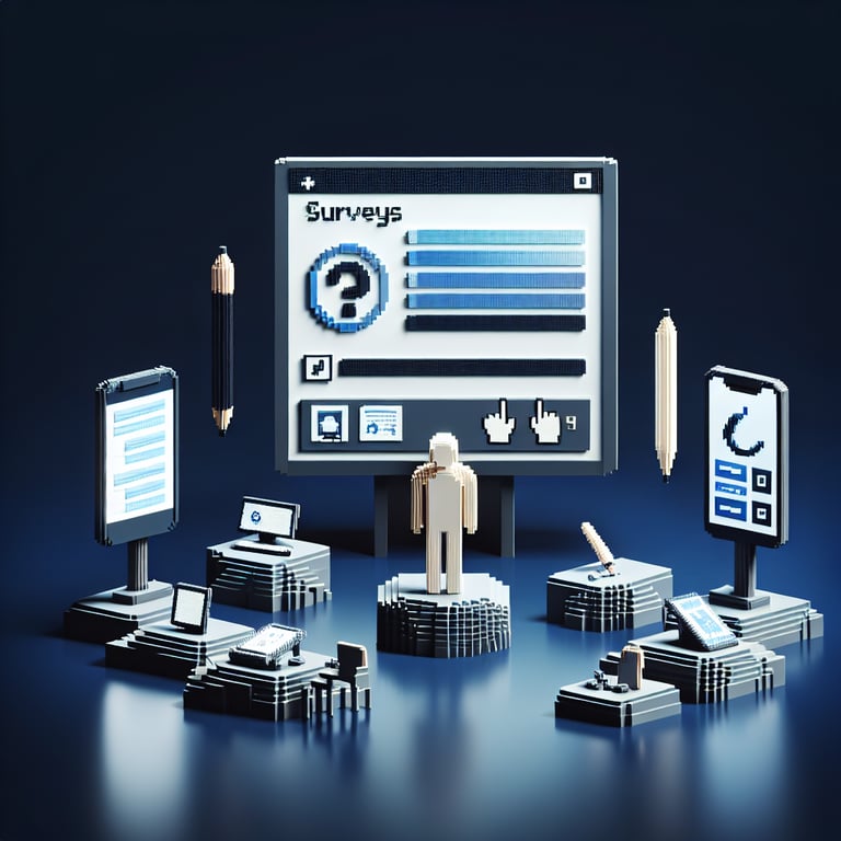 3D voxel art depicting online surveys, symbolizing digital signage survey questions on a dark blue background.