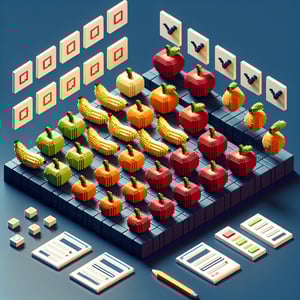 3D voxel art depicting online fruit surveys on a dark blue background.
