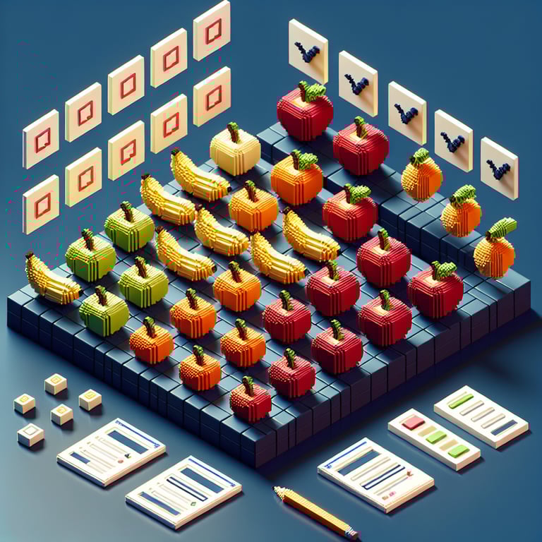 3D voxel art depicting online fruit surveys on a dark blue background.