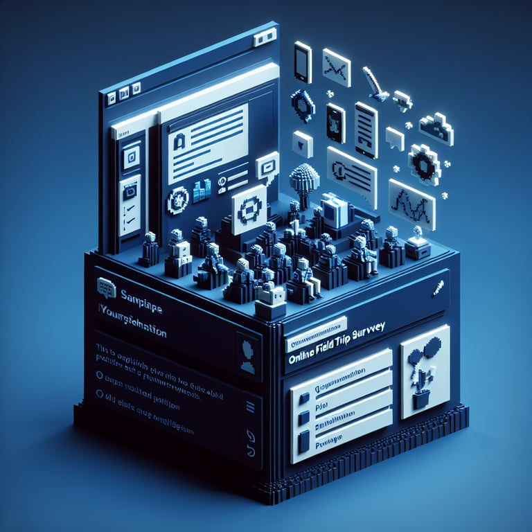 3D voxel art depicting online field trip surveys on a dark blue background.