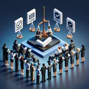 3D voxel art depicting online conference feedback survey process on a dark blue background.