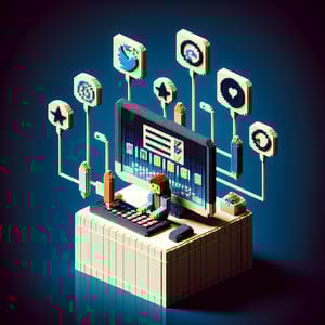 3D voxel art depicting online surveys, emphasizing middle school social media topics, against a dark blue background.