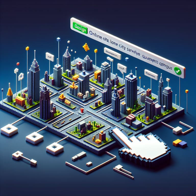 3D voxel art depicting online surveys related to good cities on a dark blue background.
