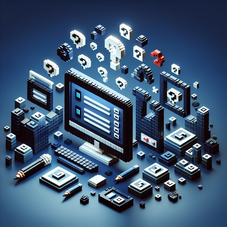3D voxel art depicting the concept of online ACSI surveys on a dark blue background.