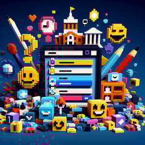 3D voxel art depicting humorous college-themed online survey with a dark blue background.