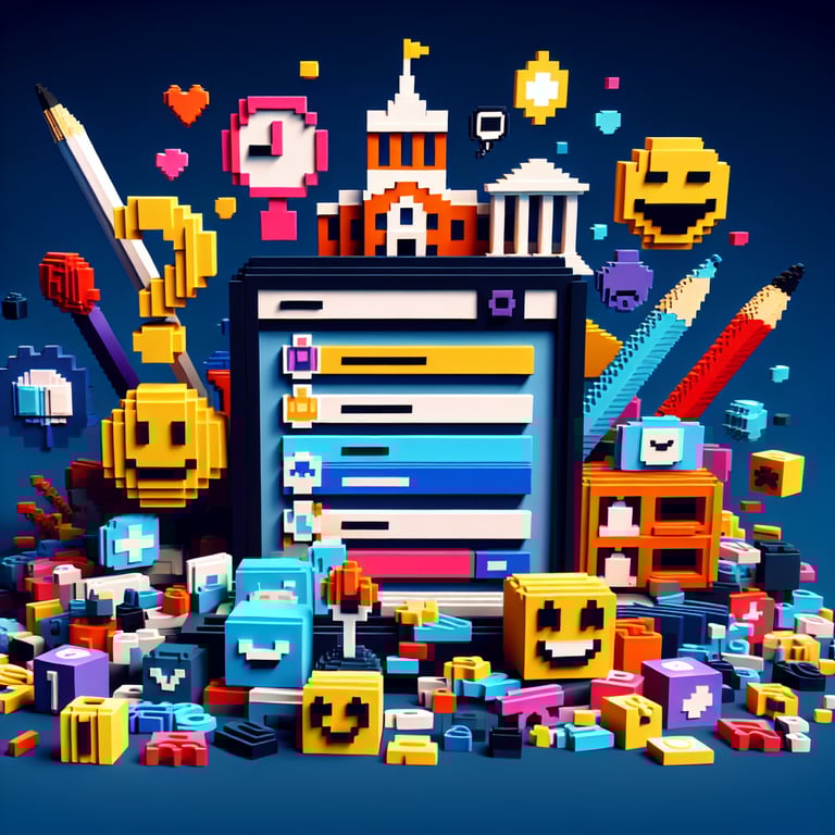 3D voxel art depicting humorous college-themed online survey with a dark blue background.