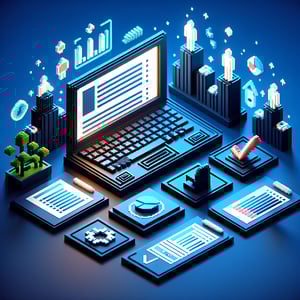 3D voxel art depicting online employment status surveys on a dark blue background.