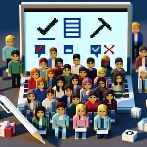 3D voxel art depicting online surveys concerning stress levels in college students, against a dark blue background.