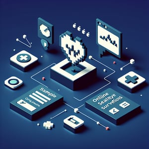 3D voxel art depicting online health survey with dark blue background.