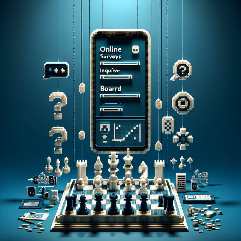3D voxel art depicting online board governance survey process on a dark blue background.