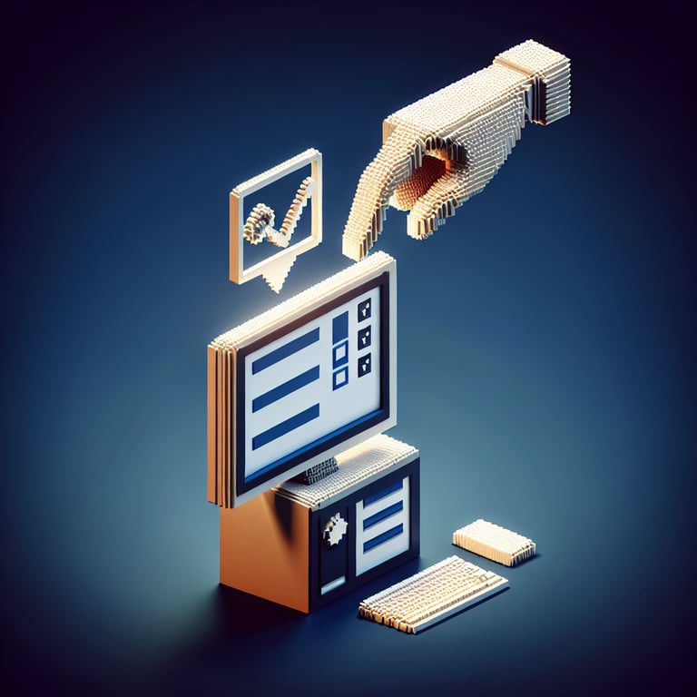 3D voxel art depicting the concept of online surveys on a dark blue background.