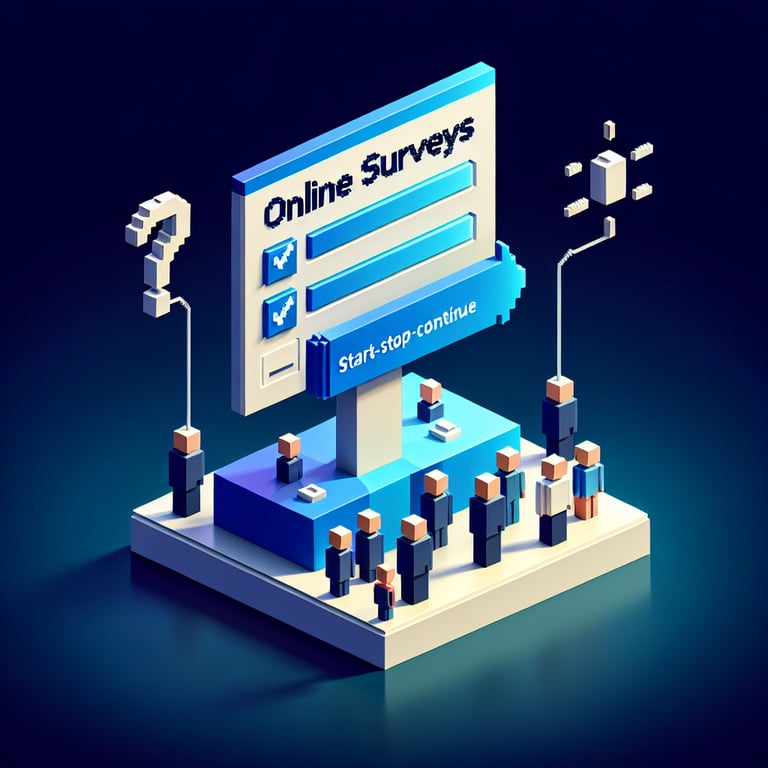 Creative 3D voxel representing continuous improvement through start, stop, continue survey