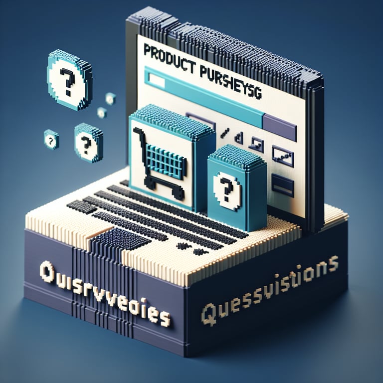 3D voxel art depicting online product purchasing surveys on a dark blue background.