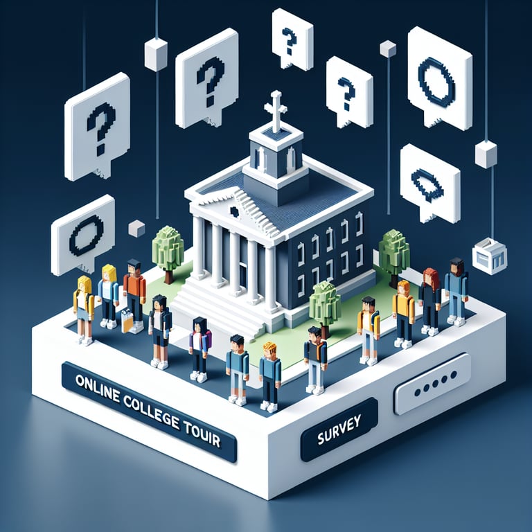 Voxel-style 3D art visualizing a college campus tour poll