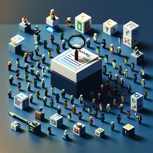 3D voxel art depicting online icebreaker surveys, set against a dark blue background.