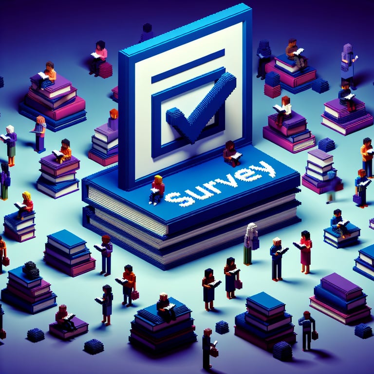 3D voxel art depicting online book club survey concept on a dark blue background.