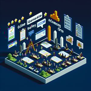 3D voxel art depicting online career advancement survey process on a dark blue background.