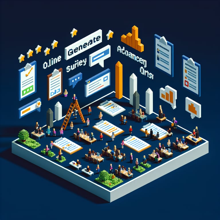 3D voxel art depicting online career advancement survey process on a dark blue background.