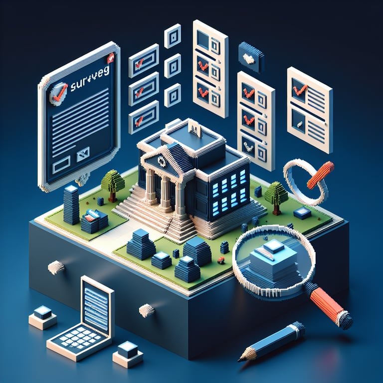 3D voxel art illustrating immersive academic program feedback poll in voxel style