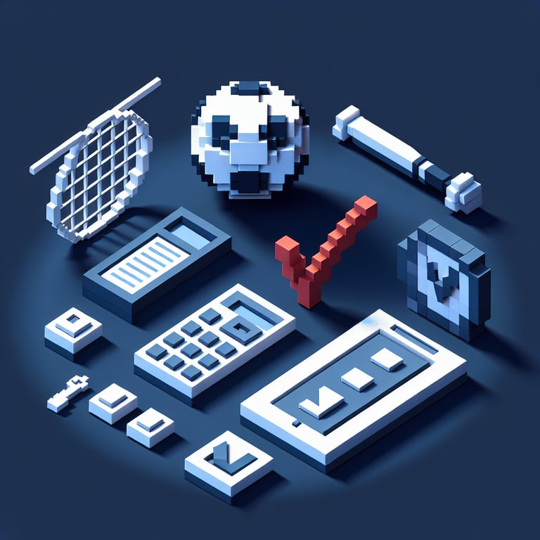 3D voxel art depicting online sport survey process, set against a dark blue background.
