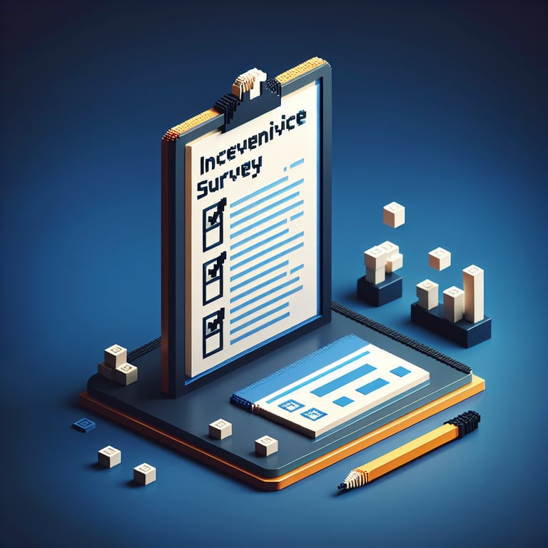 3D voxel art illustrating the concept of online incentive surveys on a dark blue background.