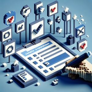 3D voxel art depicting online surveys with a dark blue background.