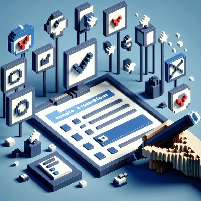 3D voxel art depicting online surveys with a dark blue background.
