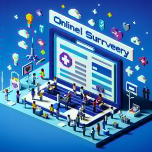 3D voxel art depicting the concept of online access to care survey questions on a dark blue background.