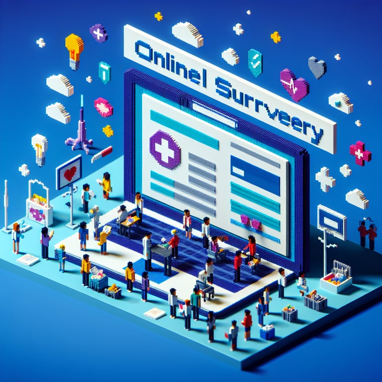 3D voxel art depicting the concept of online access to care survey questions on a dark blue background.