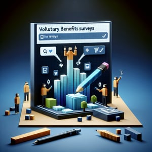 3D voxel art depicting online survey process, set against a dark blue background, for voluntary benefits surveys.