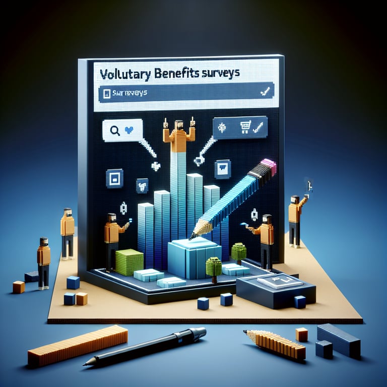 Artistic 3D voxel illustrating the process of gathering voluntary benefits survey feedback
