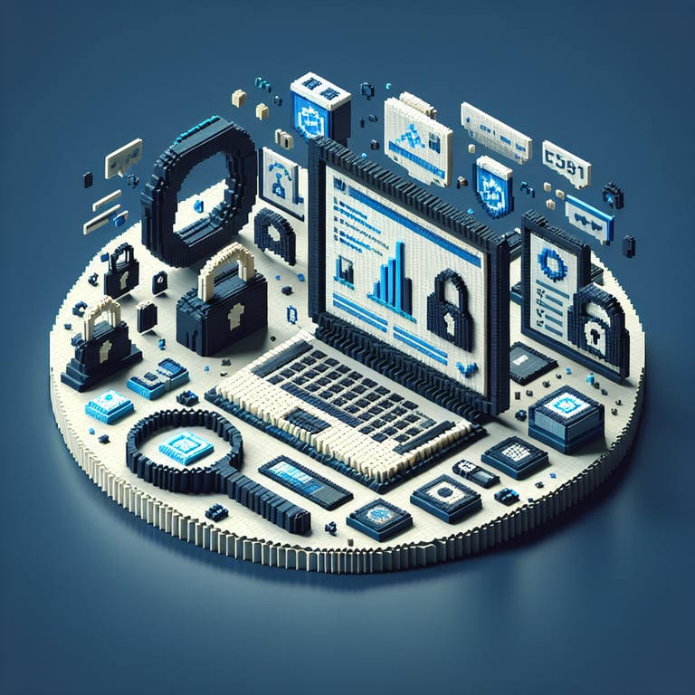 3D voxel art of online survey symbols with dark blue background, representing cyber crime surveys.