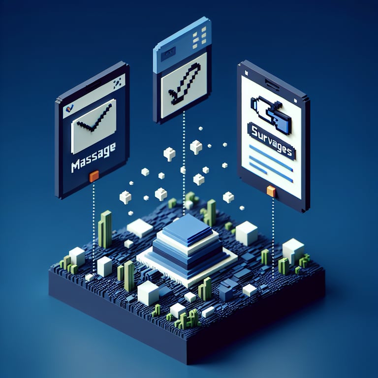 3D voxel art depicting online massage survey concept on a dark blue background.