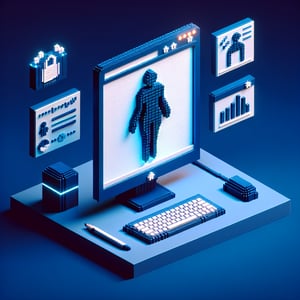 3D voxel art illustrating the concept of online body image surveys against a dark blue background.