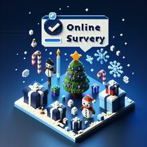 3D voxel art depicting online Christmas survey concept on a dark blue background.