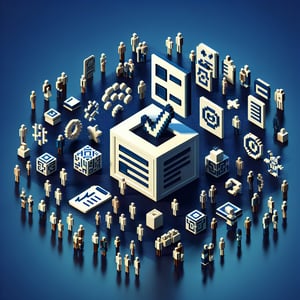 3D voxel art depicting the concept of online culture survey questions on a dark blue background.