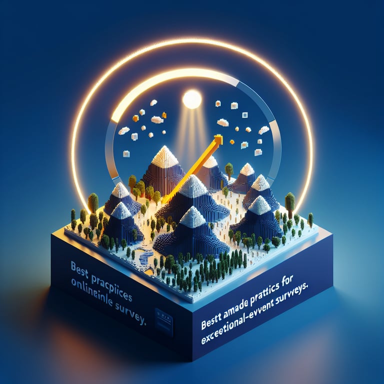 Artistic 3D voxel model illustrating survey questions for event evaluation
