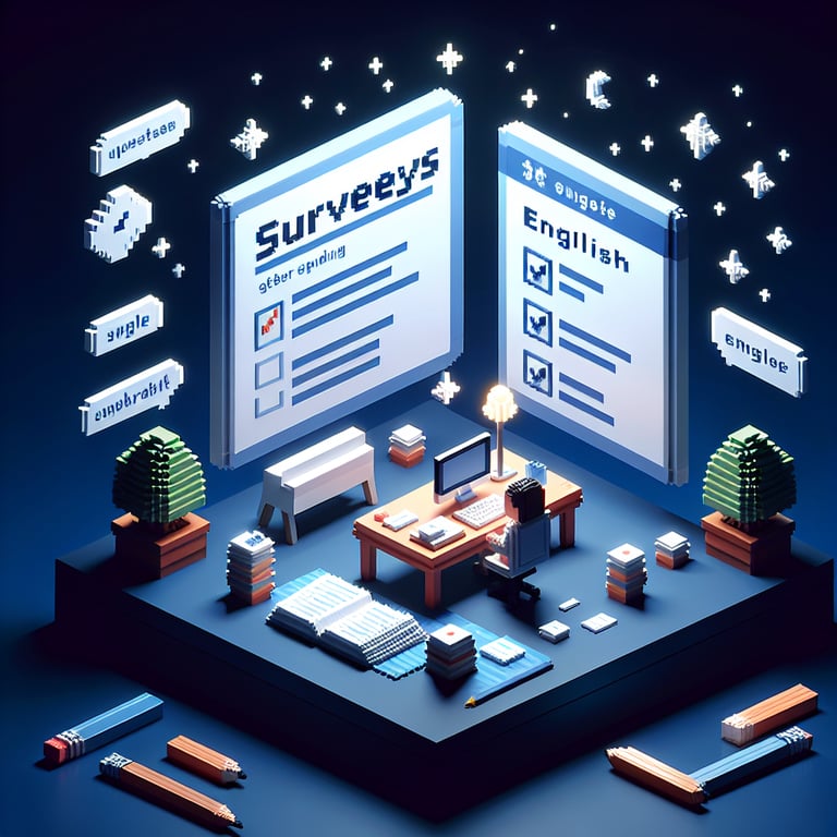 A creative 3D voxel design of an online English language poll rendered in vibrant dark blue tones