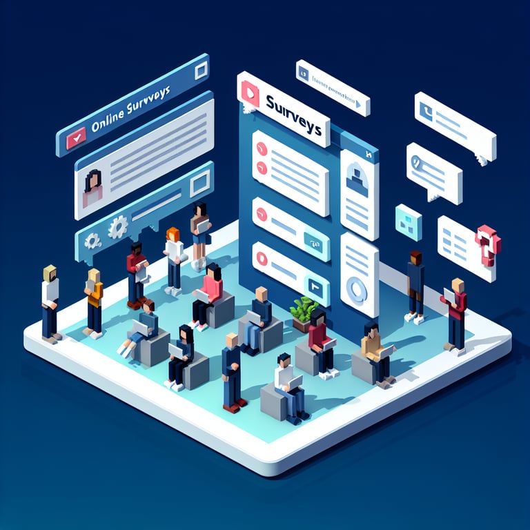3D voxel art depicting online surveys, symbolizing email marketing survey questions on a dark blue background.