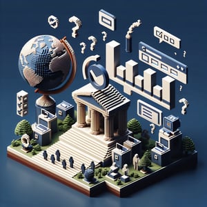 3D voxel art depicting online pandemic surveys with a dark blue background.
