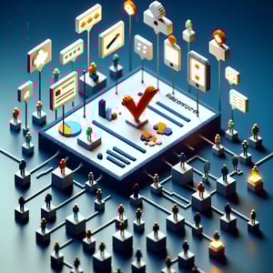 3D voxel art depicting online customer feedback surveys on a dark blue background.