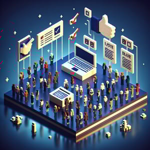 3D voxel art depicting online democracy surveys on a dark blue background.