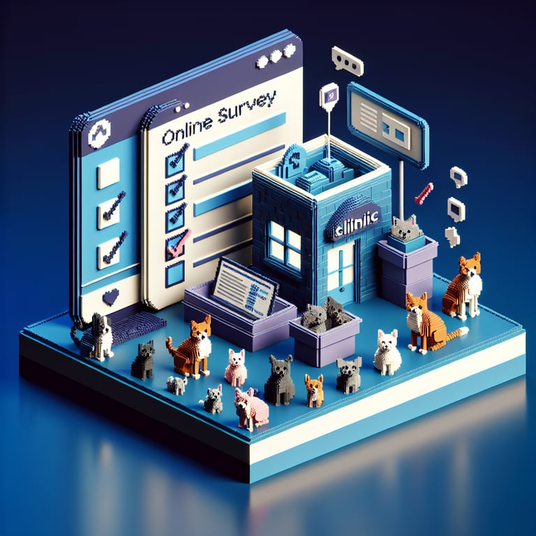 3D voxel art of online pet clinic surveys with a dark blue background.